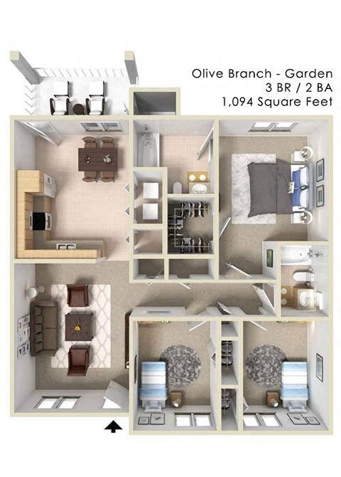 3 bedroom floor plan at Olive Branch Townhomes, Batavia, OH